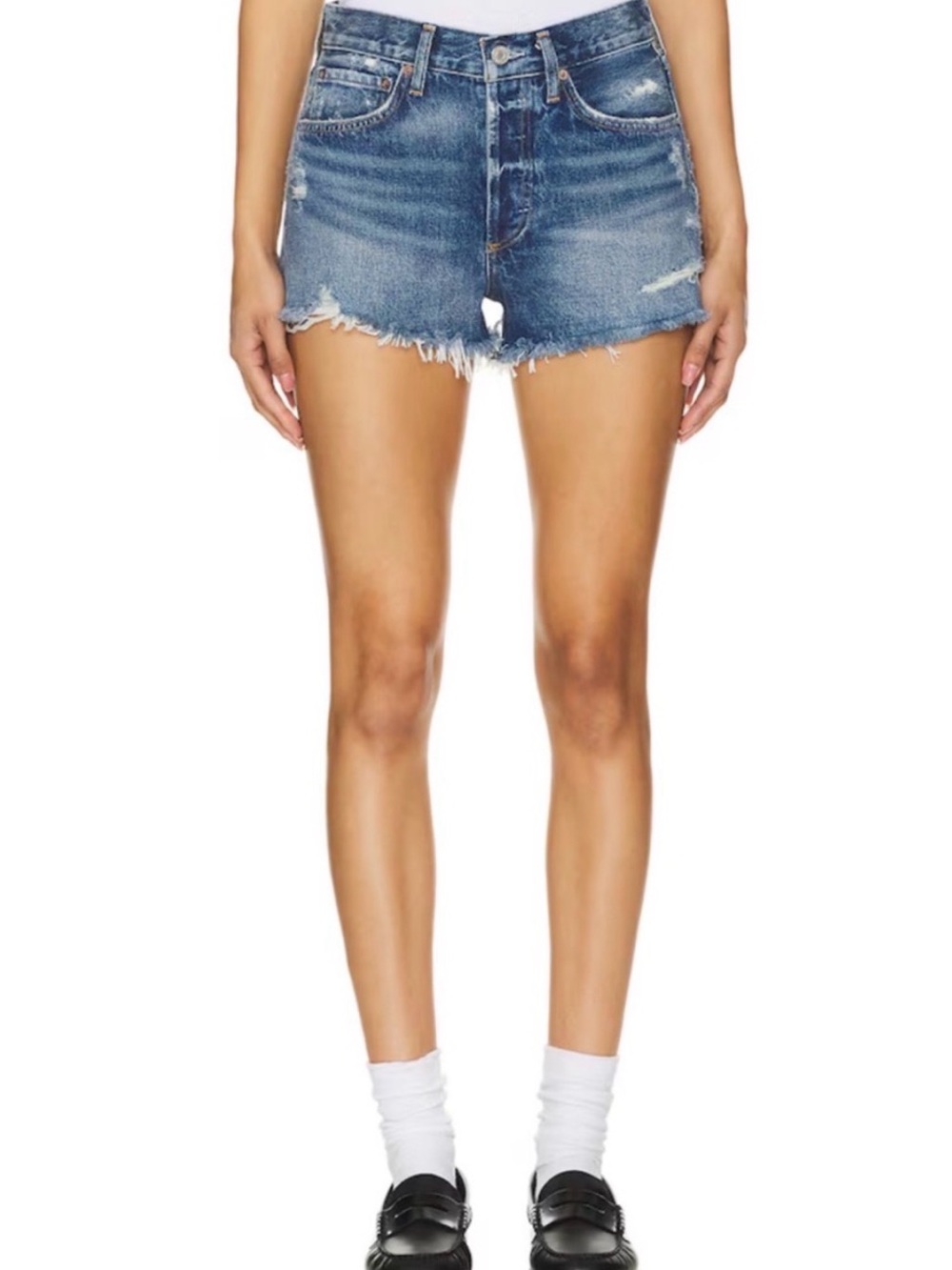 NWOT AGOLDE ‘Parker’ medium wash denim frayed distressed jean shorts size 26